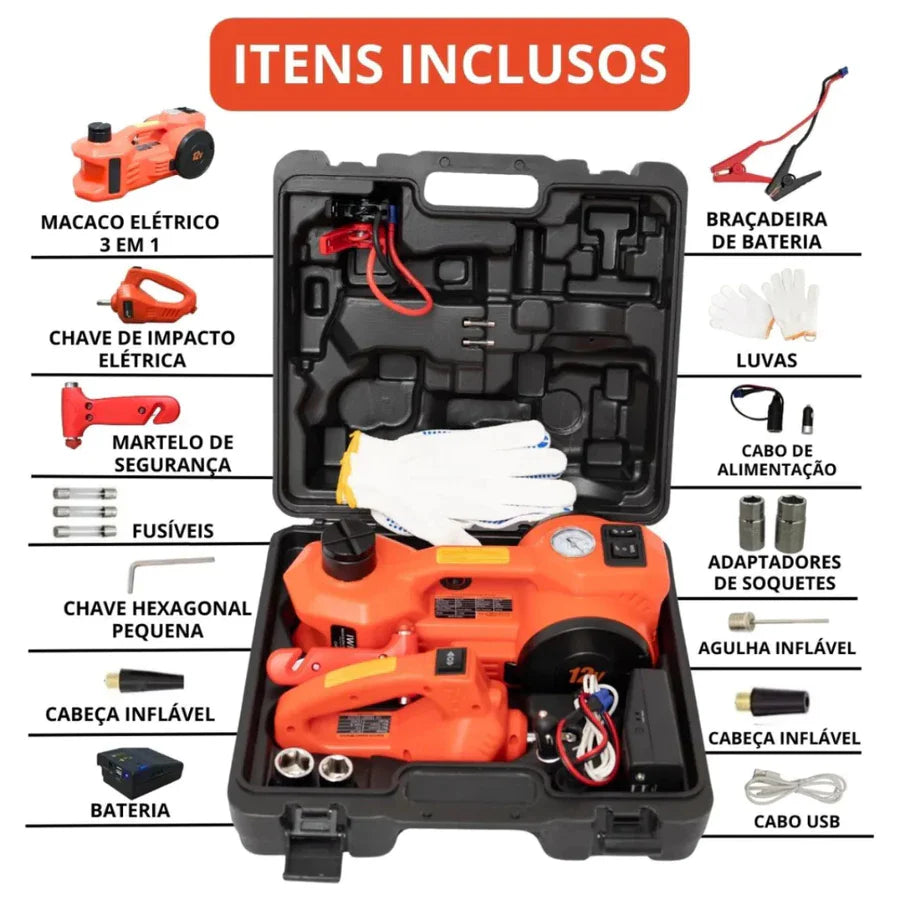 (KIT DE EMERGÊNCIA) Macaco Hidráulico Elétrico 5 em 1