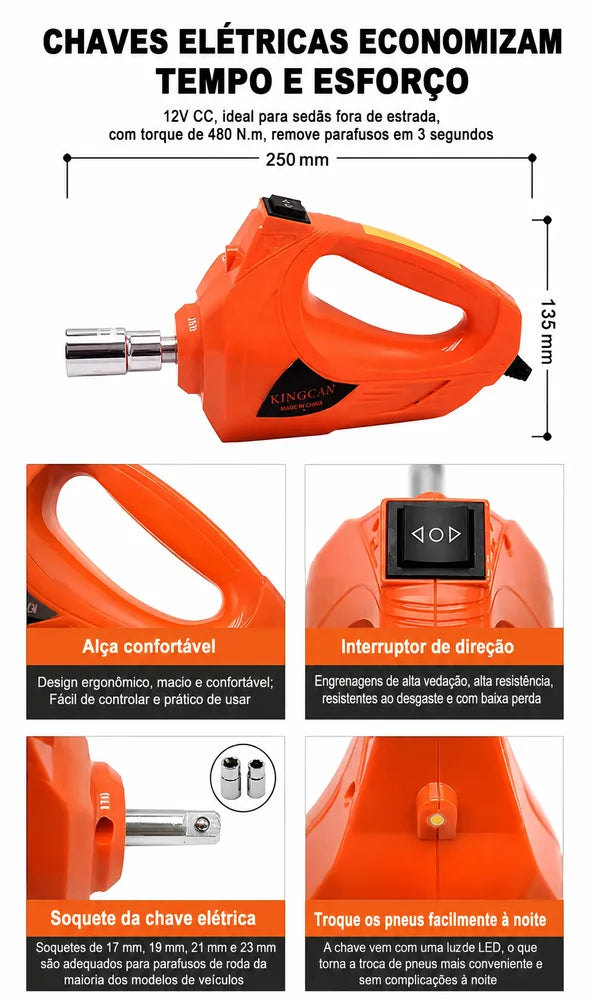 Kit Macaco Elétrico 4 em 1 — Compressor de Ar, Chave de Impacto 480 N.m, Lanterna LED e Macaco Hidráulico 5 Toneladas + Par de Luvas + Martelo de Segurança